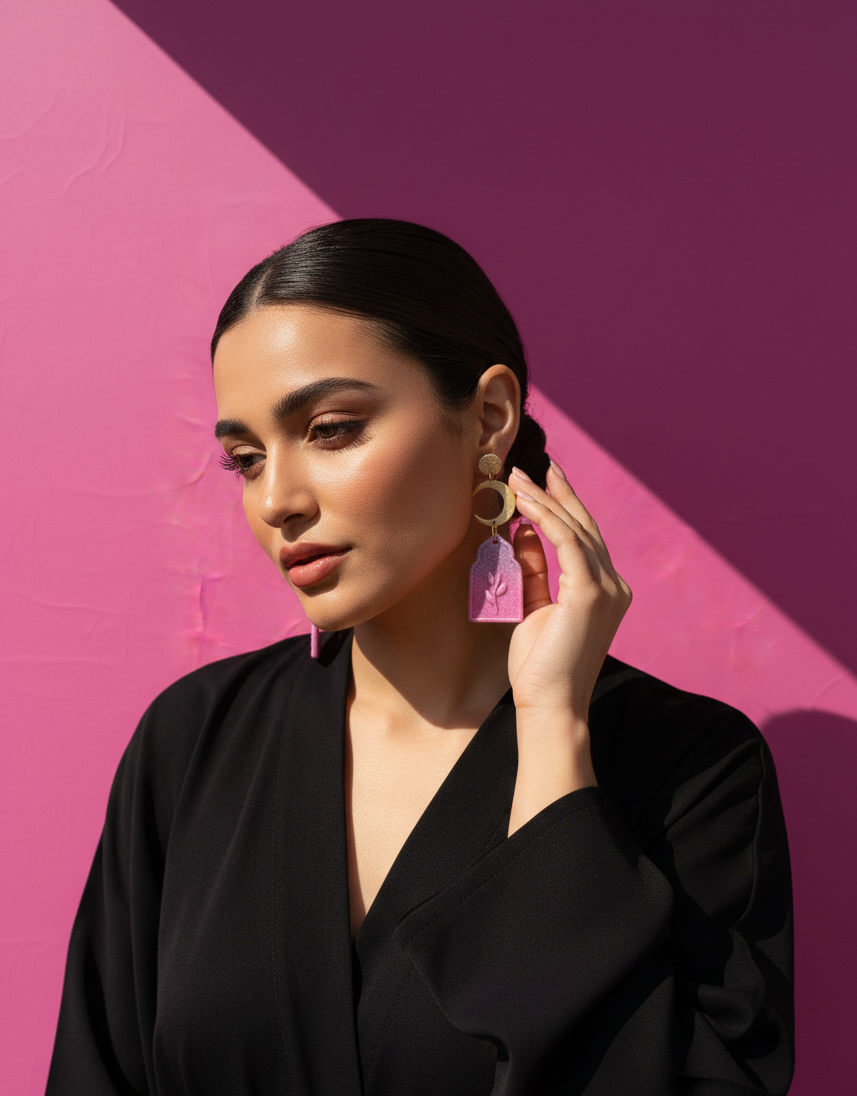 Woman wearing a black outfit with Ramaden pink to purple Ombre earring