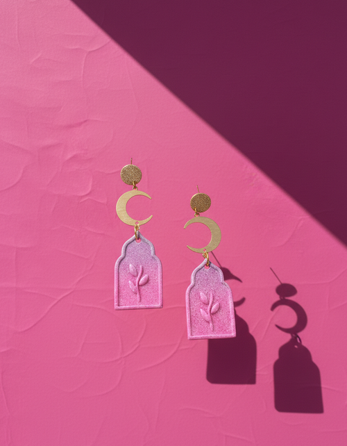 Ramadan pink to purple ombre earrings with arches and gold crescent moons 